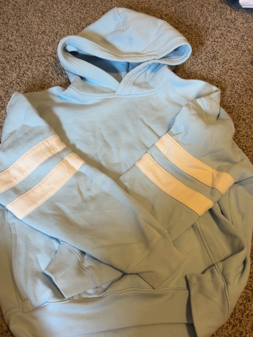 Hollister Light Blue Pullover Hoodie with White Sleeve Stripes